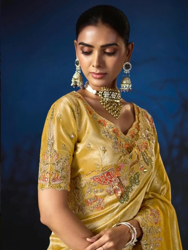 Golden Yellow Anaara Pure Viscose Zari Tissue Embellished Saree